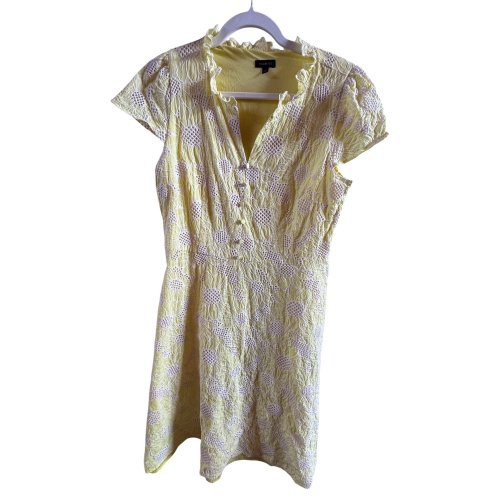 Talbots Yellow Floral Cotton Eyelet Fit &β Flare Dress Size 12 Neckline Ruffle
